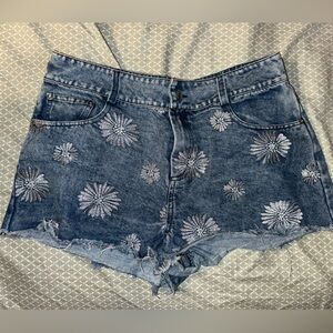 Floral embroidered denim shorts